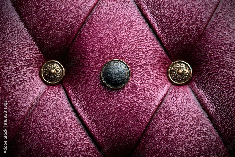 Obraz premium Close-up of deep maroon leather upholstery with diamond-shaped quilting and decorative buttons