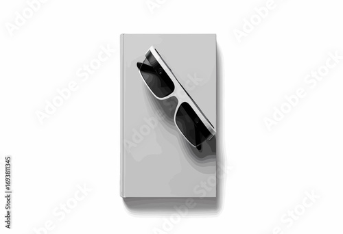 Monochromatic still life of stylish sunglasses resting on a closed grey book, a concept of minimalist aesthetics, summer reading, and intellectual leisure