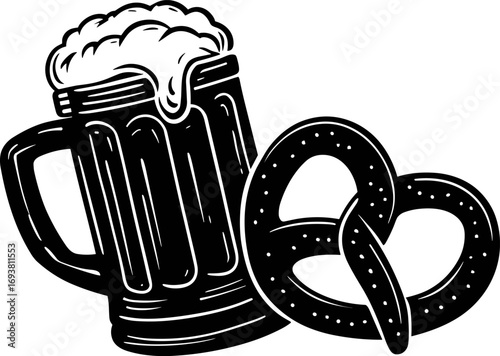 Refreshing beer and crunchy pretzel served for a perfect snack isolated on transparent background. Vector illustration.