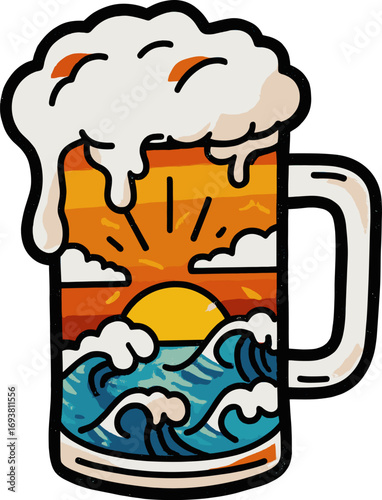 Colorful beer mug illustration featuring sunset, ocean waves, and foam isolated on transparent background. Vector illustration.
