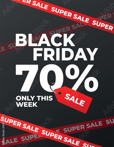 Black Friday 70 percent discount banner with red Sale tag and Super Sale ribbons