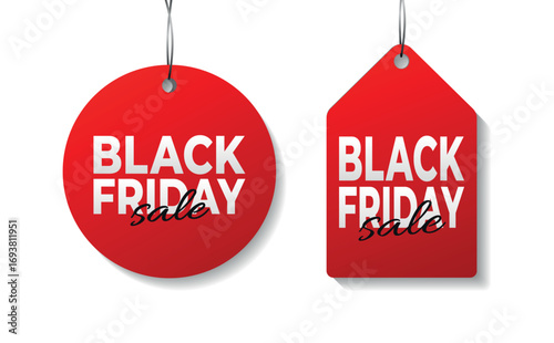 Red Black Friday Sale labels, round and rectangular shapes, template for discounts and promotions
