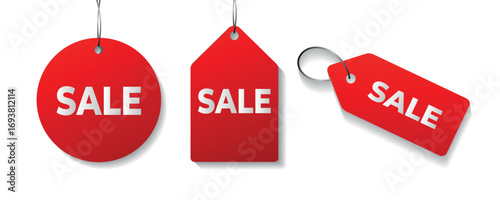 Red Sale price tags of different shapes, round, rectangular and slanted, promotional template for discounts
