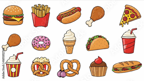 Fast Food Color Icons Vector Set | Emoji Illustration of Burger, Pizza, Fries and Snack Collection