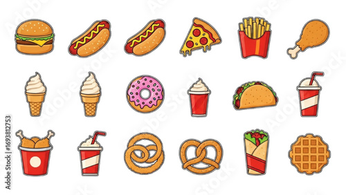 Fast Food Color Icons Vector Set | Emoji Illustration of Burger, Pizza, Fries and Snack Collection