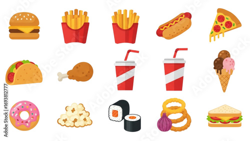 Fast Food Color Icons Vector Set | Emoji Illustration of Burger, Pizza, Fries and Snack Collection