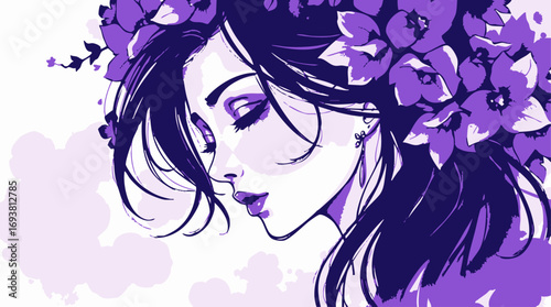 Color sketchnote style, vivid purples, high contrast. Dreamlike atmosphere, ethereal quality, graceful and elegant features beautiful woman, female portrait, calm