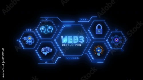 An animated Web3 icon connected to a futuristic website development graphic. Represents blockchain technology, decentralized network, and modern internet development.