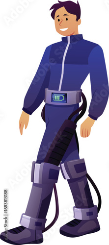 Young man with mechanized legs walking, vector flat futuristic smart city character, robotic person cyborg man