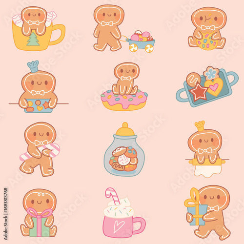 Vector set of kawaii gingerbread man with candies, cookies and gifts - cute Christmas illustration for stationary and stickers