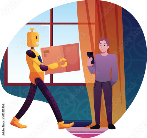 Cartoon robot carries cardboard box in home, office room, robotic machine delivery, man with smartphone vector in frame