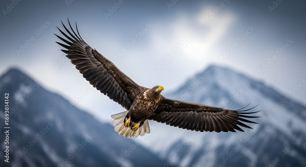 Obraz premium Majestic Eagle Soaring Above Snow-Capped Mountains in Natural Habitat.