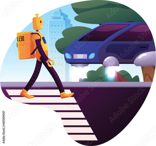 Cartoon robot carries delivery box, flying car aircraft on the city street, vector flat delivery robot transportation