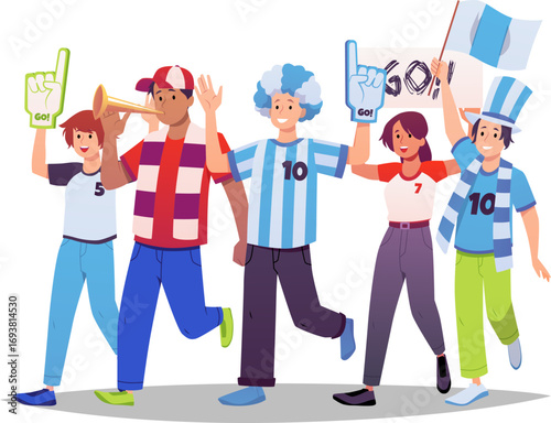 People crowd of cheering sport fans with flag and posters, scarves and hats, wig, vector flat supporting team procession