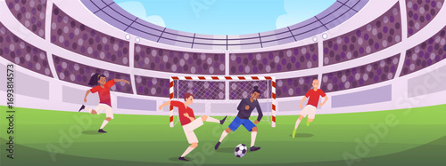 Football soccer players match at the stadium, athletes in uniform competition match, league workout arena football goal