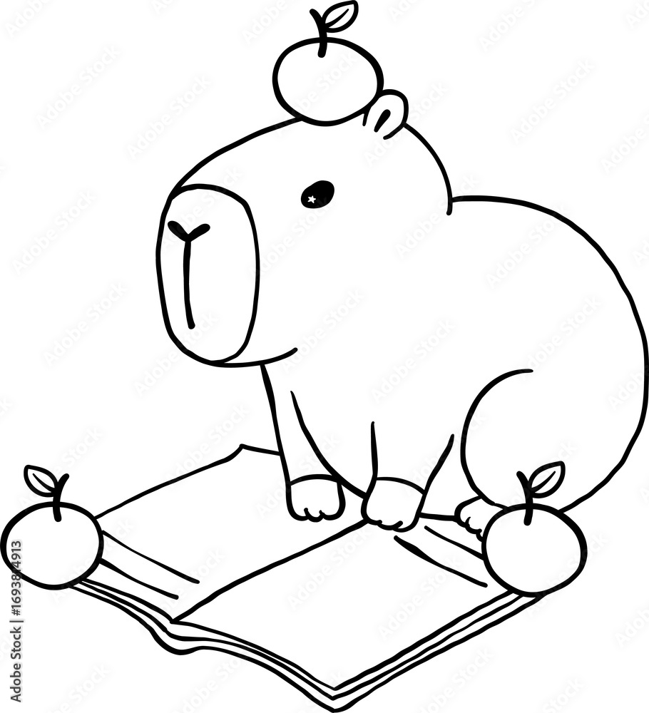 Obraz premium Cute Capybara Reading Book with oranges, Animal Bookish Outline Hand Drawn