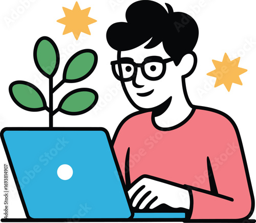 Person happily working on a laptop with a growing plant and bright stars