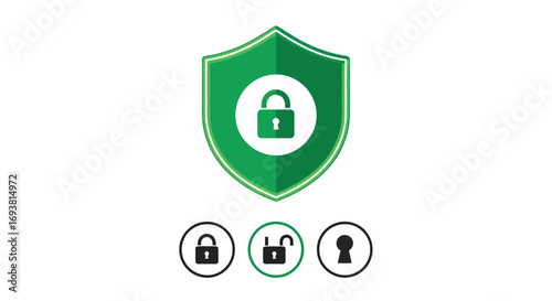 Vector illustration of green shield with a padlock icon inside, symbolizing security and protection