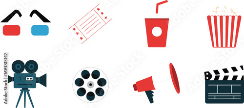 Cinema movie icons set, 3D glasses, popcorn, film reel, clapperboard, megaphone, camera, ticket, drink cup, flat design illustration
