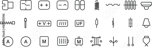 Electronic circuit symbols collection with resistors, capacitors, inductors, transformers, switches, diodes, meters, lamp, battery, and schematic diagram icons