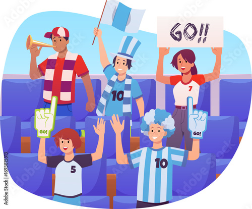People crowd of cheering sport fans with flags and posters, scarves, vector football supporting team sitting on tribunes