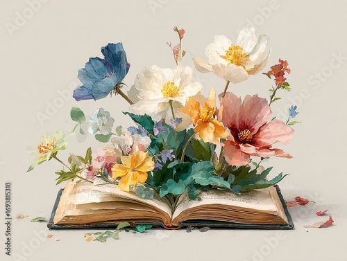 Watercolor illustration of open book with growing flowers, transparent background clipart in cartoon style, pastel colors vintage design for digital art, greeting cards, posters, social media.