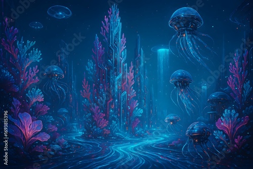 Mesmerizing deep-sea fantasy landscape, where luminous jellyfish gracefully navigate an ethereal realm of glowing crystal flora and vibrant aquatic wonders