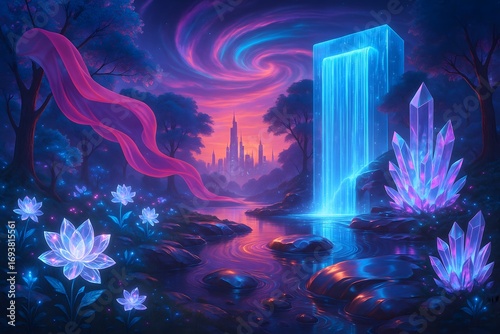Enchanted Crystal Waterfall A Cosmic Dreamscape