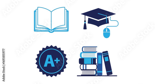 Vector illustration of education icons including open book, graduation cap with mouse, a badge, and stack of books