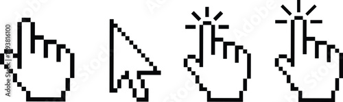 Pixel mouse cursor and hand pointer vector icons, digital click symbols, computer navigation design elements for web, apps, and UI