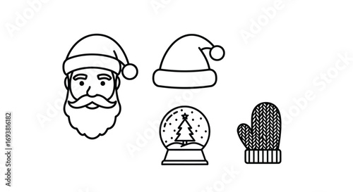 Vector illustration of christmas icons including santa claus face, hat, snow globe, and mitten