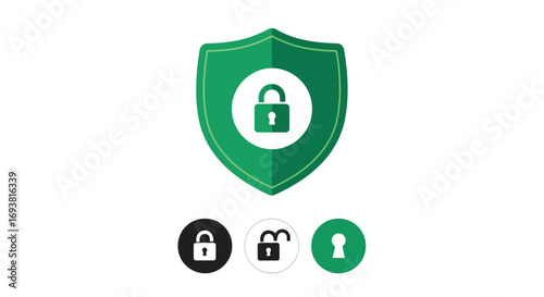Vector illustration of green shield with a lock icon and other security icons