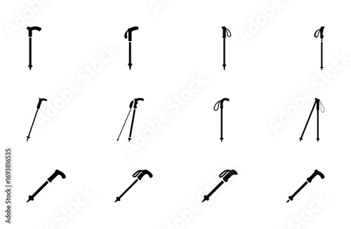 A set of various hiking and trekking pole icons in vector format, representing outdoor and sport activities.