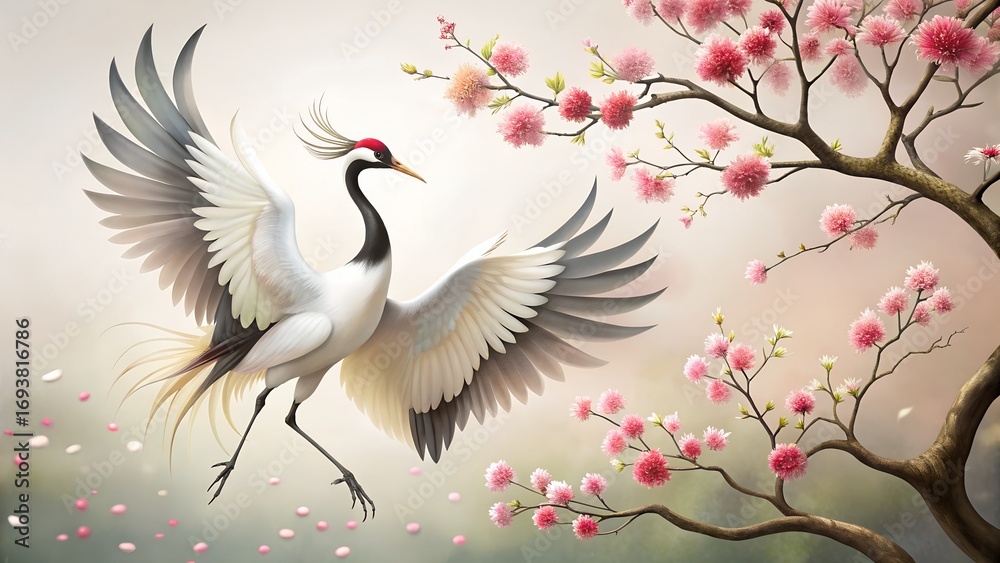 Obraz premium Elegant Red Crowned Crane with Blossoming Cherry Tree in a Serene Landscape