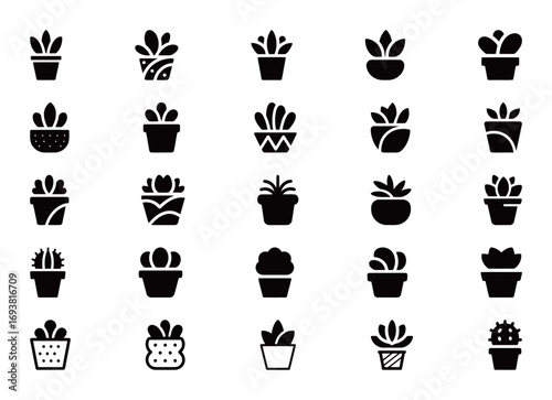 A collection of various potted plant icons in vector format, perfect for nature and home decor themes.