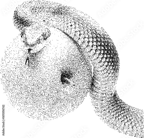 Abstract Black and White Stippled Image of a Swirling Form with Figures