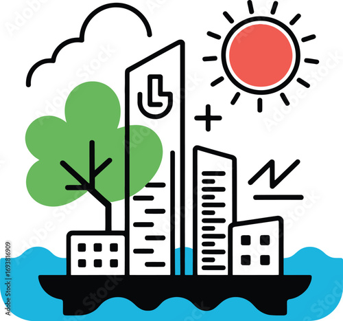 Modern city skyline with green tree, sun, and water elements
