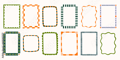 Fall vintage cute whimsical vector frames set. Halloween decorative retro wavy curve striped borders