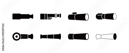 A set of diverse telescope and monocular icons in vector format, representing observation, science, and exploration.