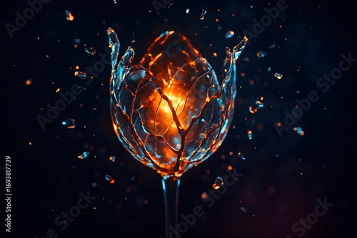 Enchanting Radiant Crystal Lotus Illuminated by Warm Inner Light with Water Droplets