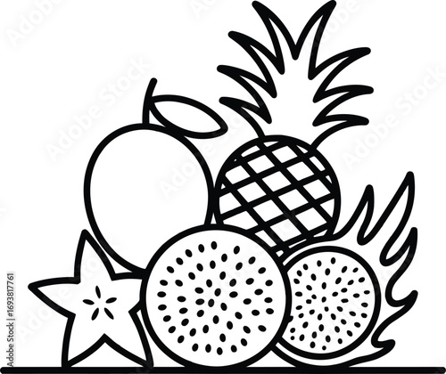 Vibrant tropical fruit arrangement with pineapple, star, and dragon fruit slices