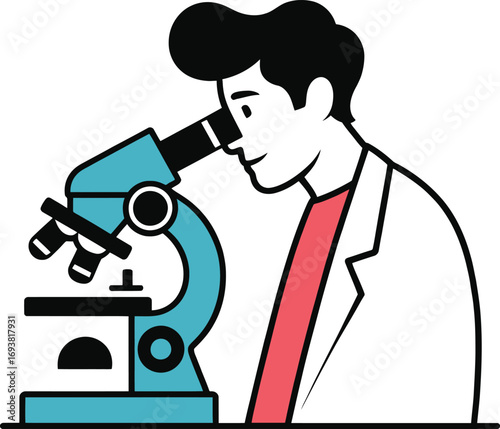 Curious scientist intently studies specimen through advanced microscope in laboratory setting