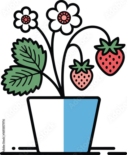 Vibrant strawberry plant with ripe fruit and blossoms in a decorative pot