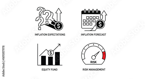 Vector illustration of set of four black and white finance icons illustrating inflation, forecast, equity fund, and risk management