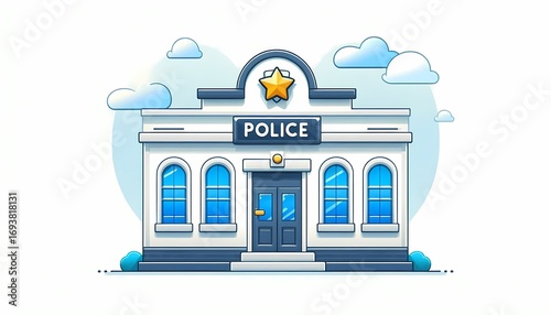 Cartoon Style Police Station Illustration with Clouds and Star Icon