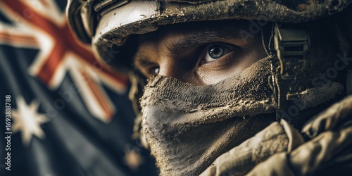 A battle-worn soldier gazes intently, the Australian flag reflecting in his determined eyes. The image conveys resilience, duty, and the weight of service.