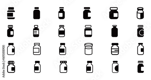 A set of various bottle and jar icons in vector format, representing medicine, science, and storage.