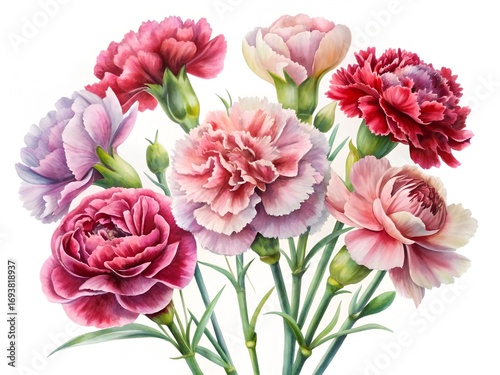 Watercolor flower a vibrant watercolor painting of a bouquet of pink and purple carnation flowers isolated on white background