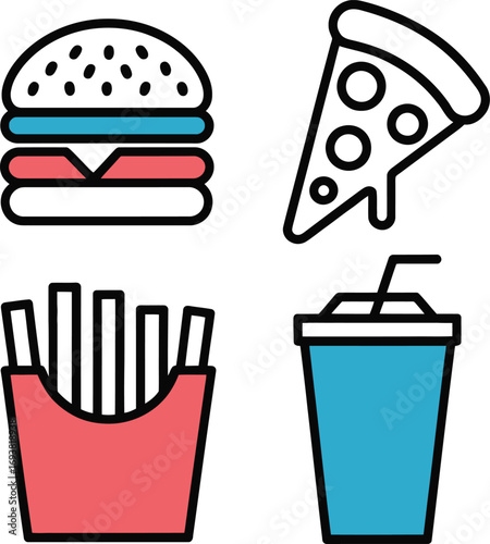Iconic fast food icons burger pizza fries drink vibrant modern simple design