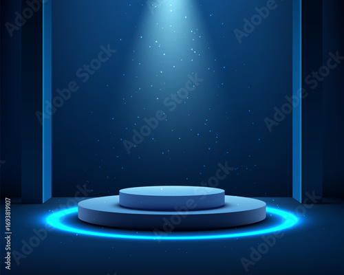 futuristic technology stage background with glowing circular 3d podium in dark blue room under spotlight for product display award presentation mockup showroom and digital showcase
